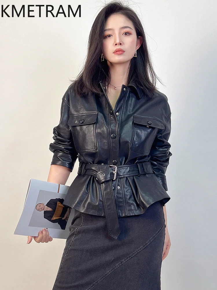 Giacca in pelle di pecora 100% Donna Moda Giacche in vera pelle nera Donna con lacci Novità in capispalla Abiti autunnali 2025жанка