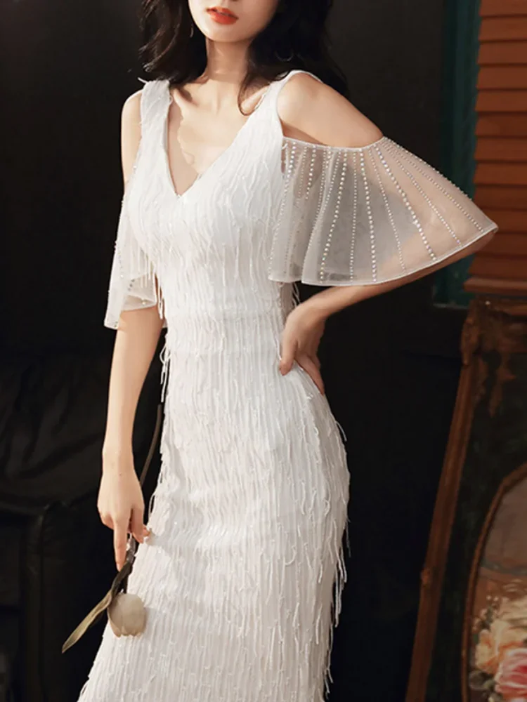 Customized Customized White Simple Tassels Elegant Evening Dresses Slim Fit V-neck Shoulder Strapless Formal Dress V-back Trumpe