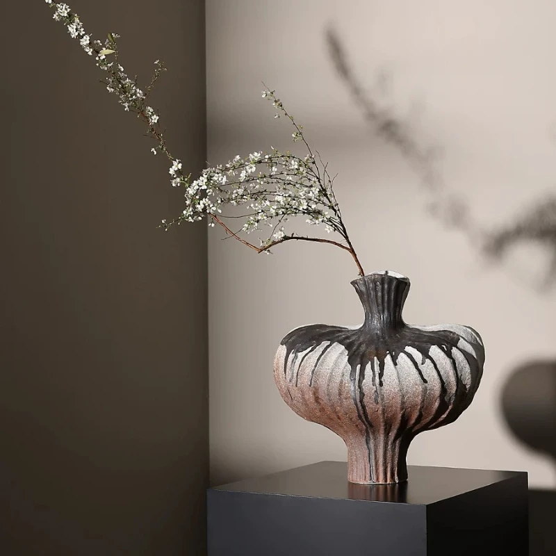 Wabi Sabi Vintage Ceramic Vase Entryway Dried Flower Holder Living Room Floral Decor Ornament Exquisite Tea Room Decorations