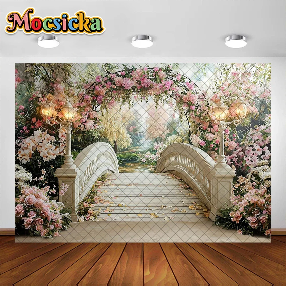 Mocsicka ฉากหลังถ่ายภาพคู่ดอกไม้สีชมพูตกแต่งสะพานดอกไม้สำหรับผู้ใหญ่เด็กภาพบุคคลฉากหลังสตูดิโอ