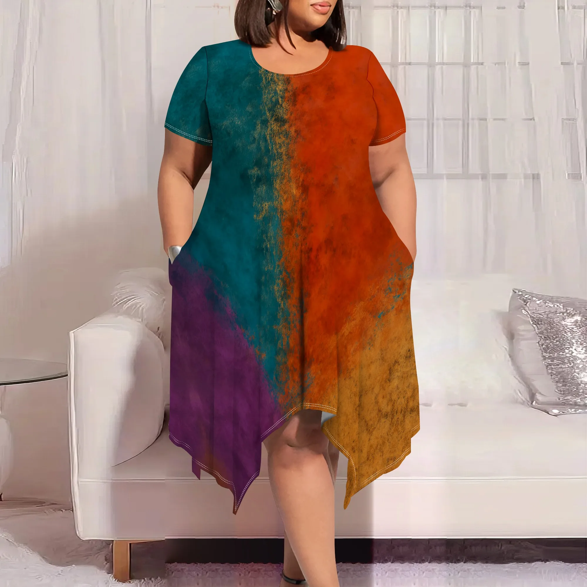 Plus Size Tie Dye Dress Women's Summer Asymmetrical Hem Party Dress XL-6XL Boho Beach Vacation Short Sleeve Flowy A-Line