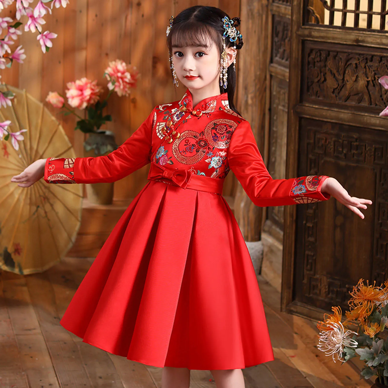 Tang Warm Chinese Princess dress Toddler Kids girls new Year Thick long sleeve Dresses stand collar pleated a line dress