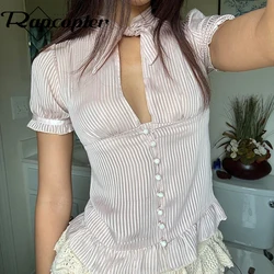 Rapcopter y2k Striped Crop Top Button Cute Pink Puff Short Sleeve T Shirt Women Tie Up Ruffles Tee Sweet Korean Chic Clothes New