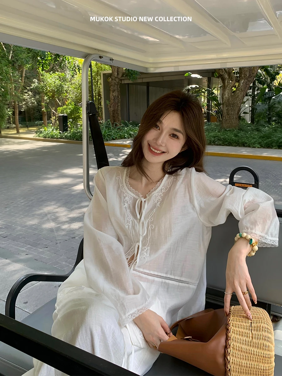 

MUKOK French Holiday Embroidered Lace Patchwork round Ne Long Sve Women's irt Spring Season Linen Feel Anti-Aging