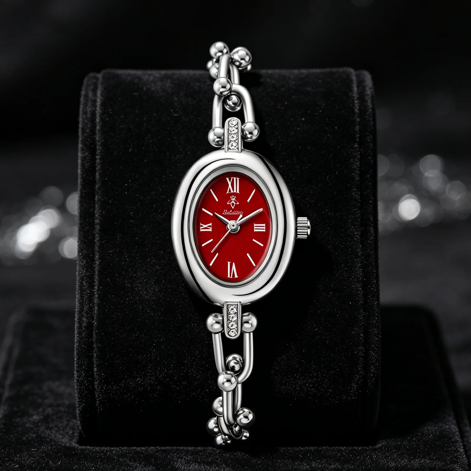 YaLaLuSi Silver Oval Red Dial Women Watch Roman Numeral Markers Beaded Link Bracelet With Crystal Inlay Elegant Slim Waterproof Ladies Quartz Wristwatch For Wedding Dating