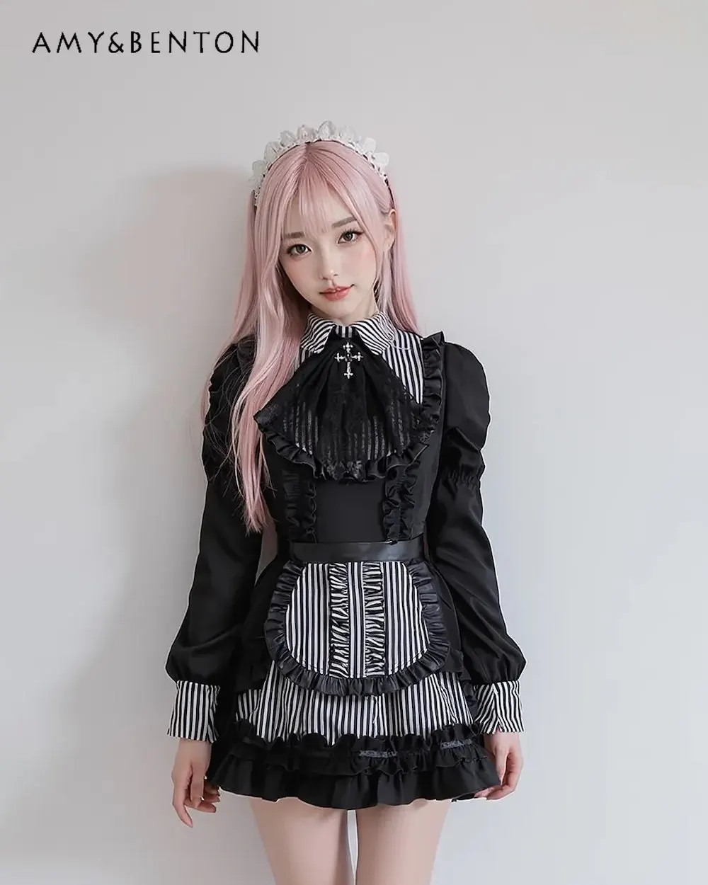 

Lolita Maid Long Sleeve Dress Subculture Black Striped Ruffled Pleated Goth Turn-down Collar Striped Slim Long Sleeve OP Dress