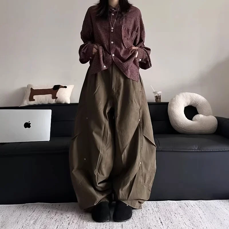 

Мужские свободные брюки с широкими штанинами, осенне-зимние, больших размеров (до 250 фунтов), винтажный дизайн с плиссировкой, рабочие брюки, универсальные