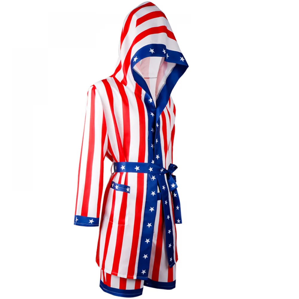 Unissex boxe cosplay traje cetim bandeira americana rocky boxer uniforme com capuz robe shorts para mulheres homens fantasia roupa de halloween