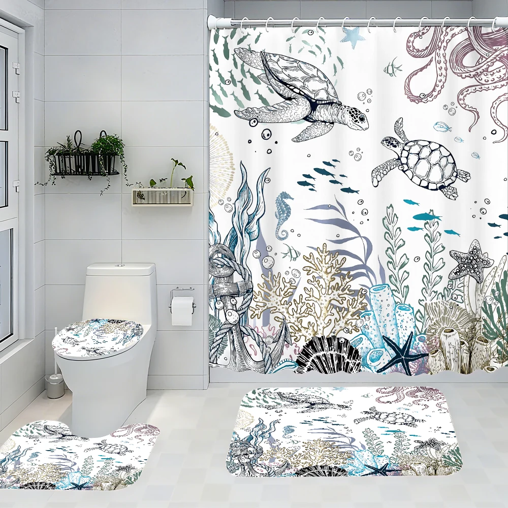 

Turtle Bathroom Four-piece Set - Avant-garde Waterproof Shower Curtain, creating a complete bathroom kit