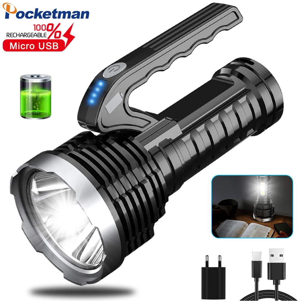 Lampe de poche LED Rechargeable, puissante, projecteur de travail, de Camping, imperméable, torche avec lumière latérale, batterie intégrée