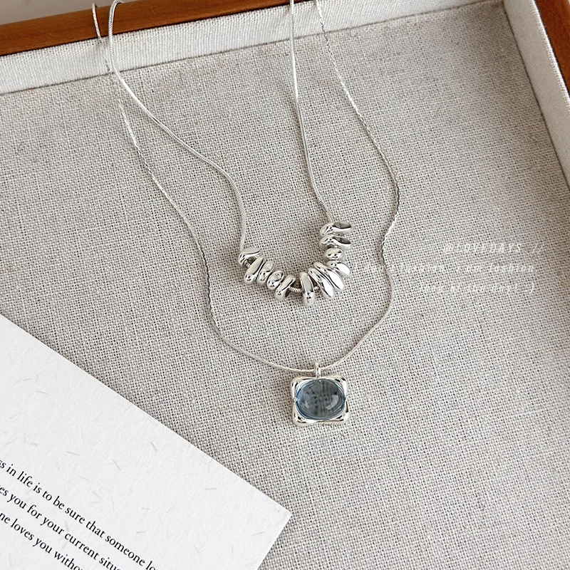 Short Collarbone Necklace Liquid Light Blue Crystal Block Crushed Silver Style Layered Stackable Sweet Fashion Women