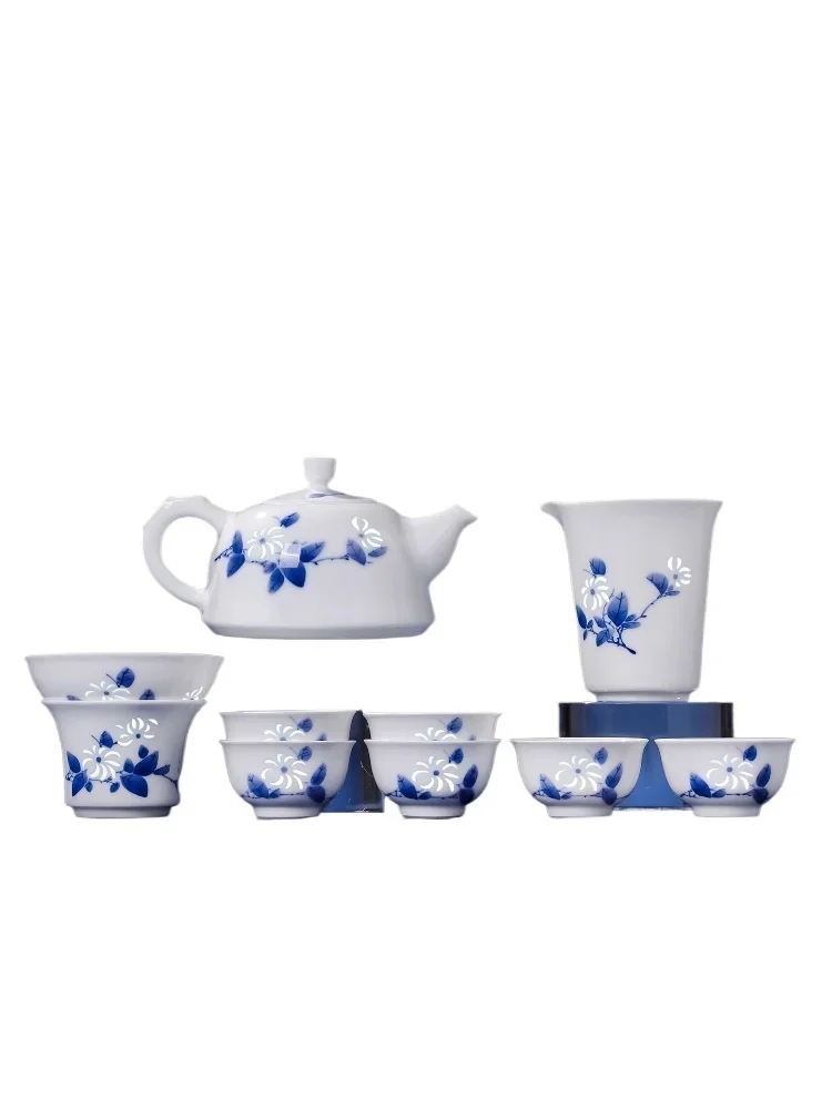 Official Ceramic Blue and White Linglong Kung Fu Tea Set Household Chinese Tea Pot Tea Cup High-end Gift Box
