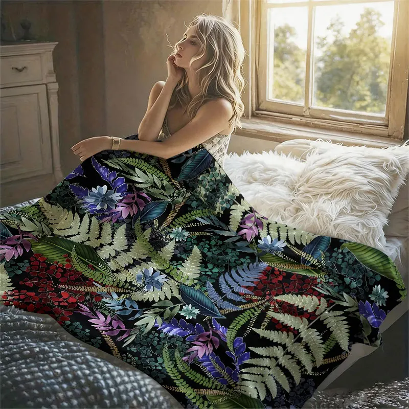 Dark Tropical Ferns Flannel Blanket Perfect for Sofa Office Bed Travel Sleep Read Relax Camping Four Season Use