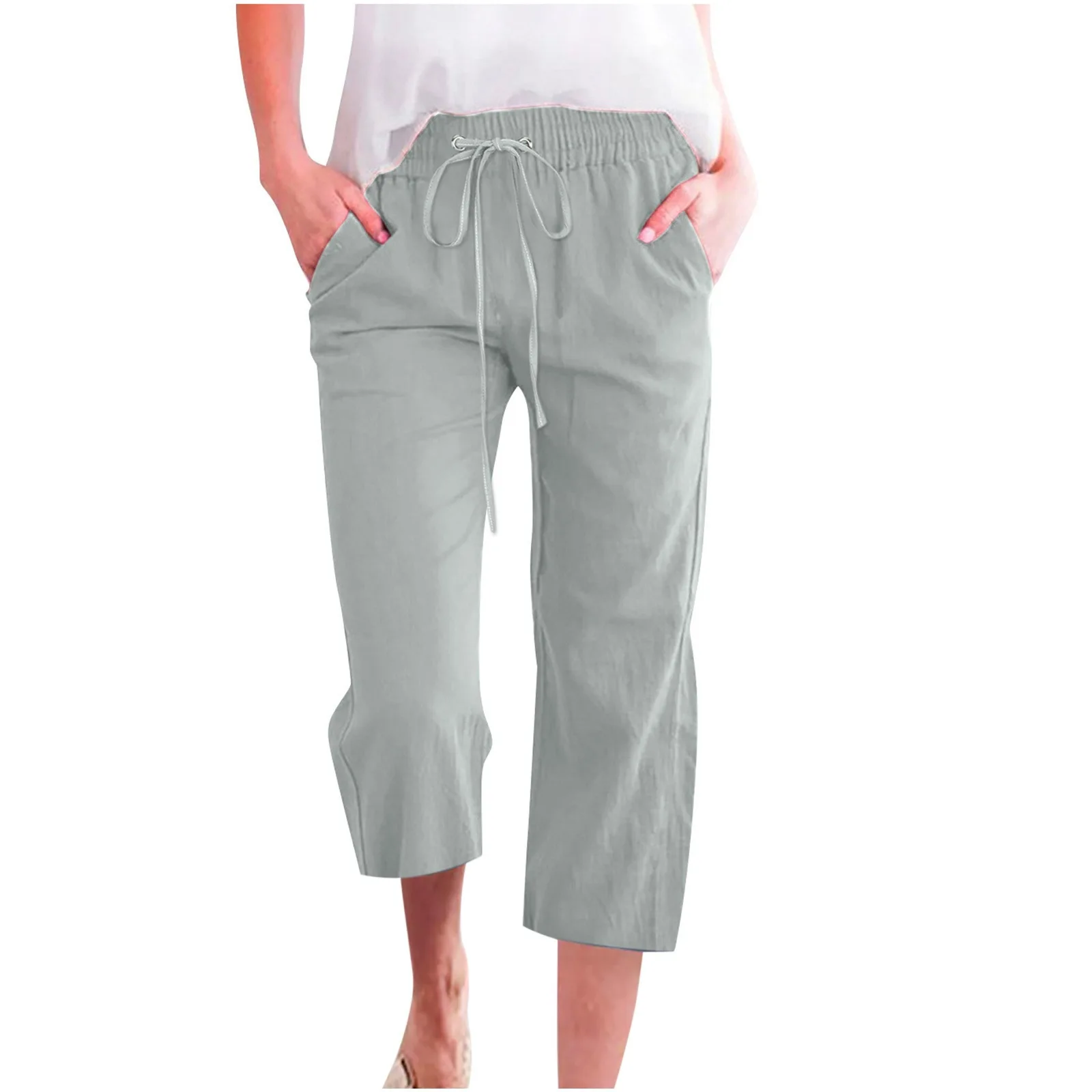 Women's Cotton Linen Capri Pants Summer Lightweight Casual Loose Elastic Waist Cropped Trousers Office Lady Solid Color Pants