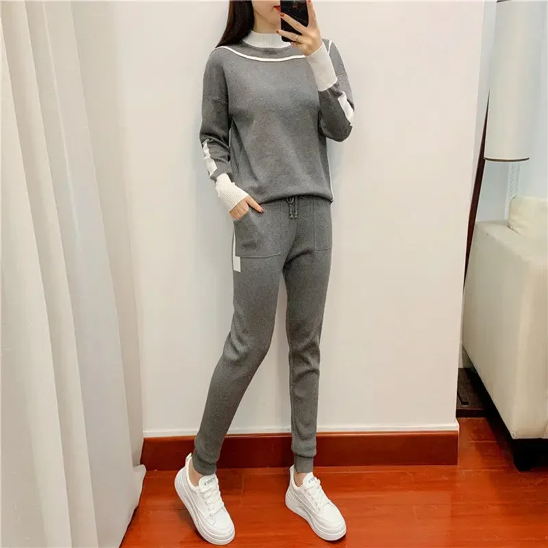 Women Sweater Sets Autumn Winter Golf Wear Thick Soft Knitted Sets Pullovers +Long Pant Casual 2PCS Track Golf Clothing Suits