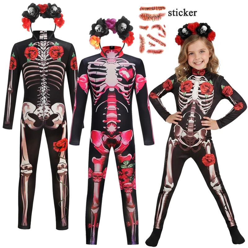 Mädchen Halloween Cosplay Skelett-Jumpsuit Kostüm Geisterbraut Gothic Bodysuit Party Kinder Vestidos Kleidung