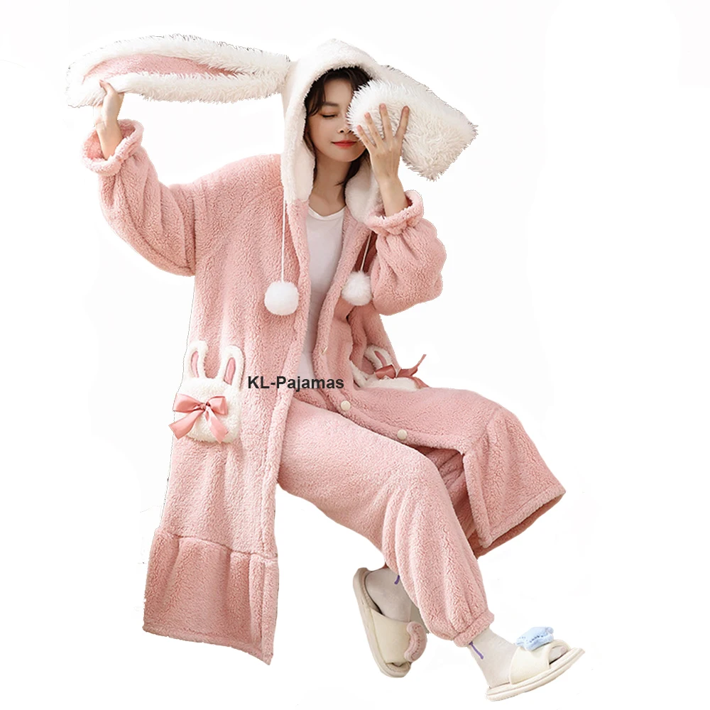 

Fluffy Long Ears Cartoon Pajamas Nightgown Two Piece Set Pink Sweet 2Pcs Pjs Plush Nightdress Set Kawaii Winter Hooded Robes Set