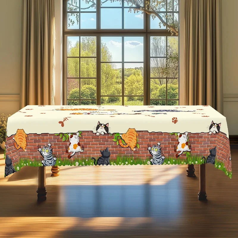 VIKAMA Funny Kitten Table Cloth Multi Breed Cats Paw Bone Pattern Waterproof Easy Clean Farmhouse Kitchen Table Cover