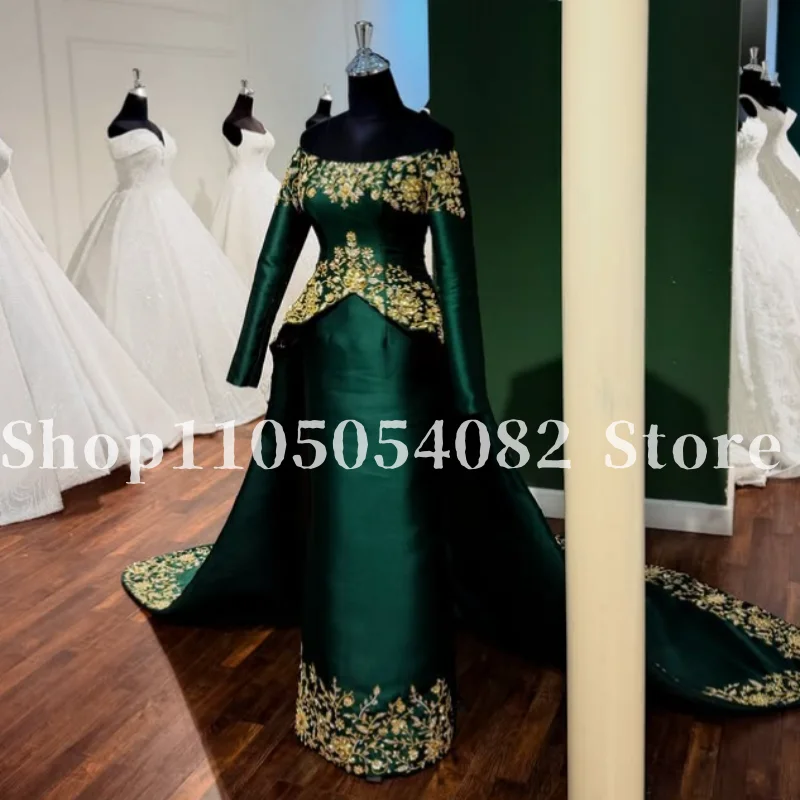 Elegant Green Moroccan Style Gowns Muslim Evening Off Shoulder Trailing Long Sleeve Appliqued Decoration Dubai Gowns Prom Dresse