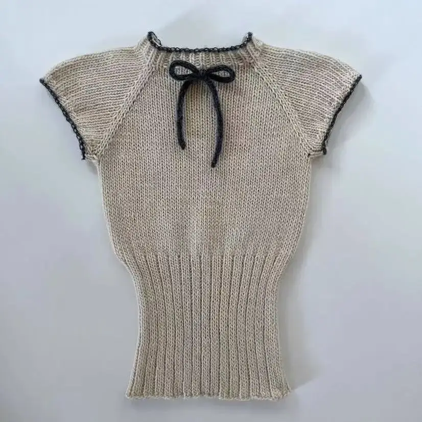 Butterfly knot short sleeved round neck vest loose lazy comfortable hand woven mohair sweater for women in spring autumn