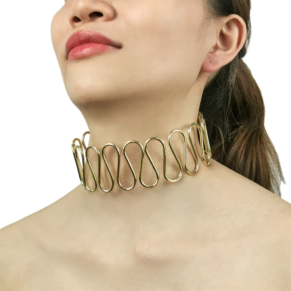 Smooth Curve Metal Torques Bib Neck Choker Necklaces For Women Punk Wide Alloy Collar Statement Necklace Fashion Jewelry MANILAI