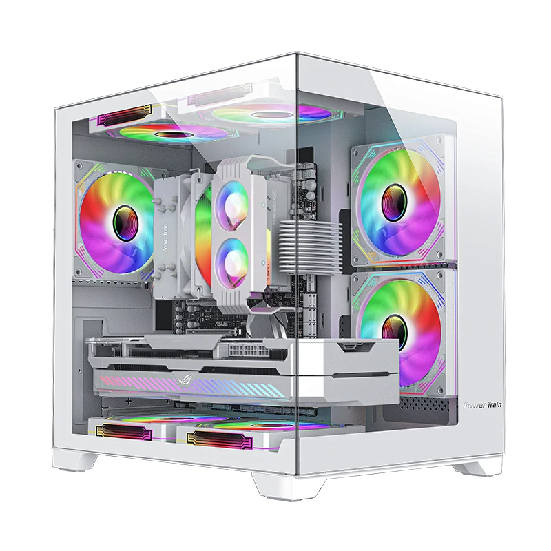 Caixa para PC com esmalte colorido Power Train Sea View Room 270 ° Visão completa sem coluna Suporte para chassi de mesa 240 Refrigerador de água