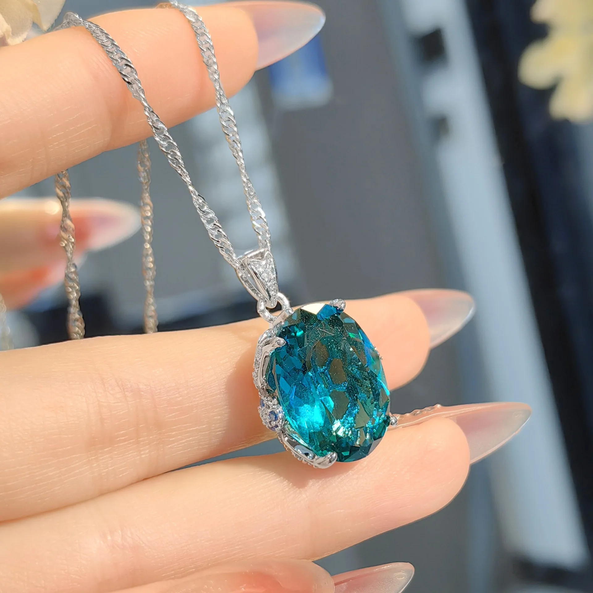 S925 Sterling Silver Ring Necklace Earrings Set with Lake Blue Pigeon Egg Pendant High Carbon Diamond and Pink Diamond for Women