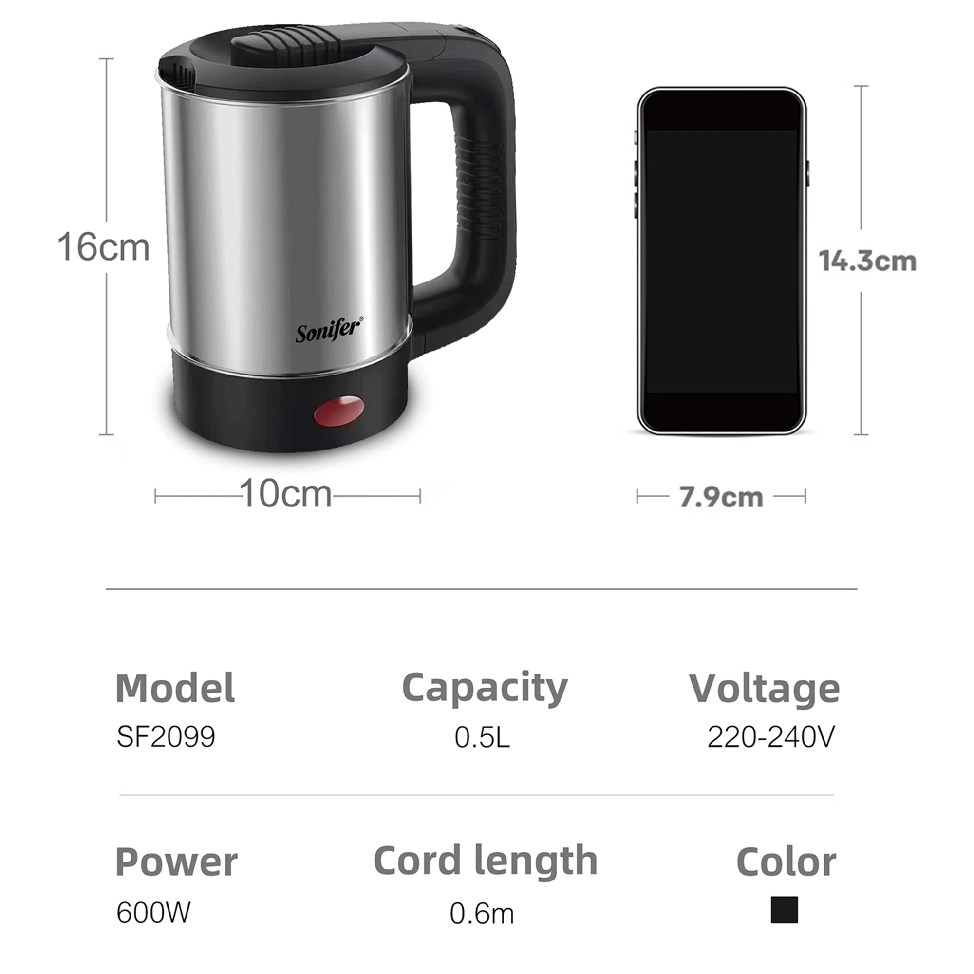 0.5L Mini Electric Kettle Tea Coffee Stainless Steel 600W Portable Travel Water Boiler Pot For Hotel Family Trip Sonifer