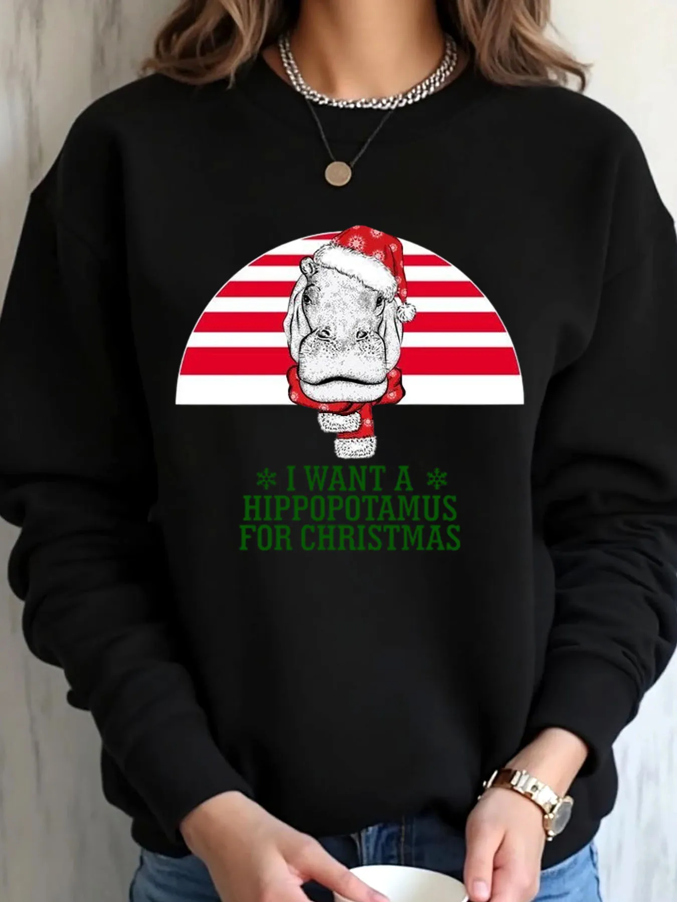 

Женская толстовка большого размера с рождественским принтом «Бегемот» Я хочу бегемот для рождественской уличной одежды