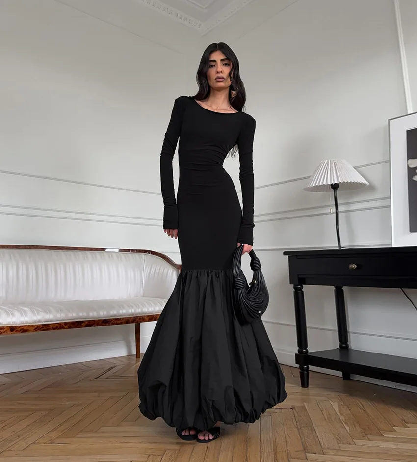 

Элегантное черное трикотажное платье с вставками и пышной юбкой, весеннее женское платье с длинными рукавами и круглым вырезом, осеннее повседневное платье с завышенной талией длиной до колена