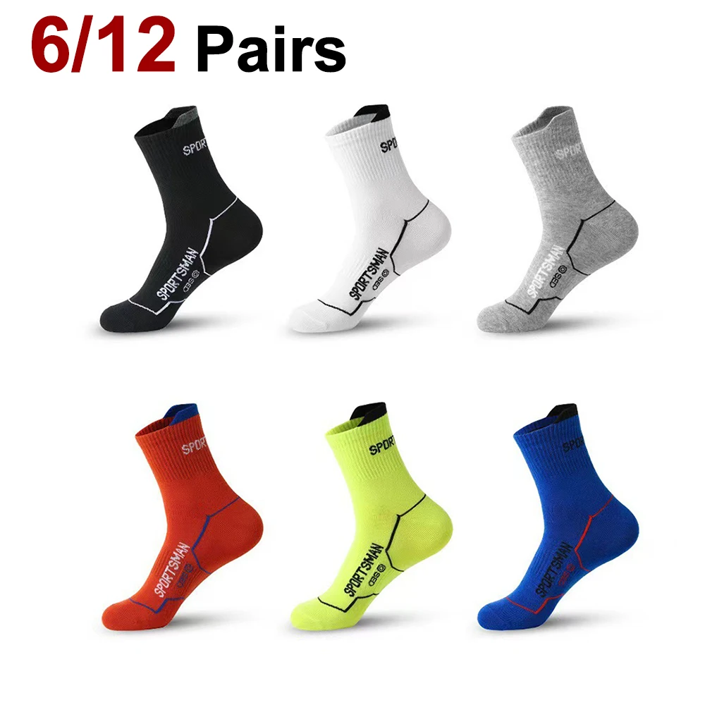 6/12 Pairs Men Mid Length Sports Socks Fashionable Geometric Patterns Breathable Odor Resistant Running Cycling Basketball Socks