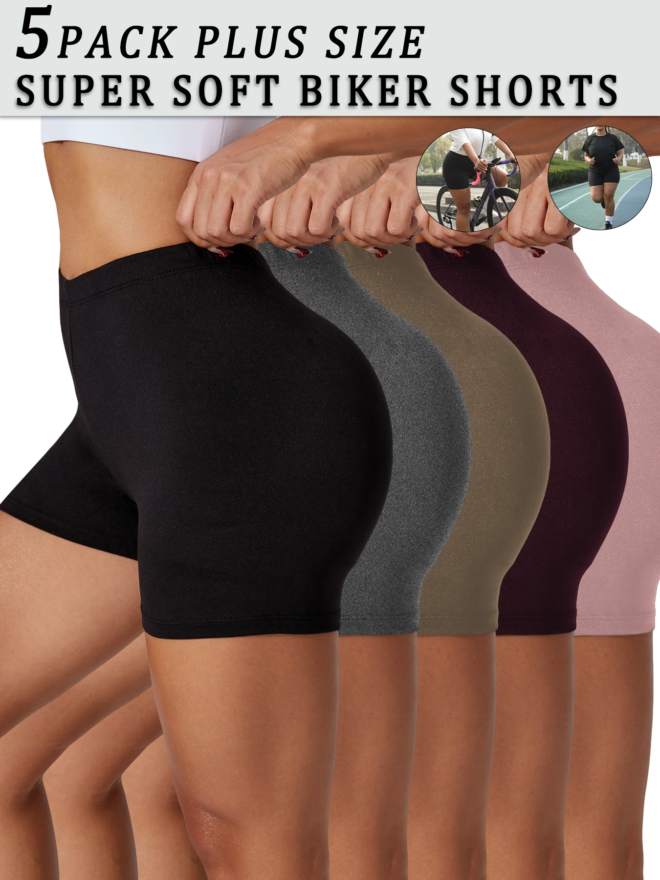 Plus Size 5 Pack Biker Shorts For Women Super Soft Tummy Control No See Through Workout Running Yoga Athletic 2