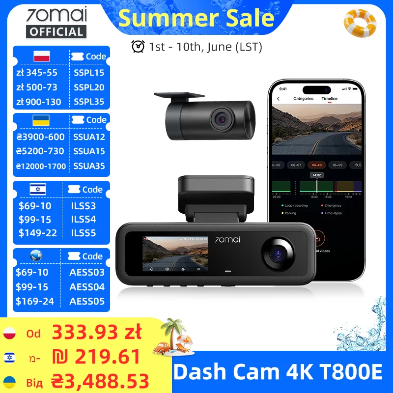 70mai 3-Channel Dash Cam T800E 4K HDR F1.55 Aperture Supercapacitor Voice Control GPS Car DVR 70mai T800E WiFi 6 5GHz