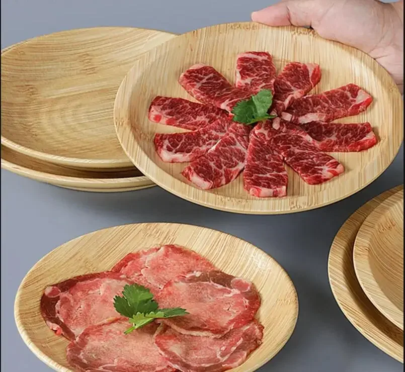 Imitation Wood Grain Round Sushi Plate Food Grade Plastic Restaurant Barbecue Steak Home Kitchen Tableware