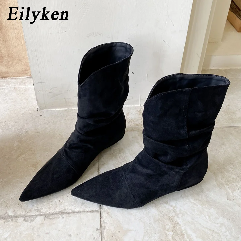 Eilyken Vintage Height Increasing Woman Ankle Boots Designer Pleated Pointed Toe Shoes Autumn Winter Botas Feminina