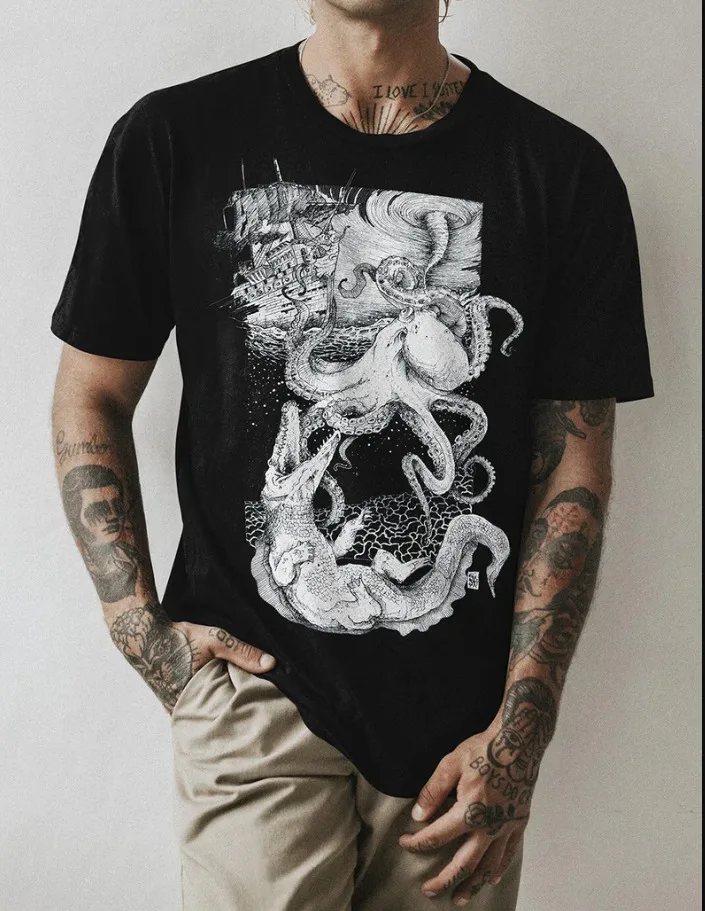 t shirt kraken tattoo screen printing black white minimaki