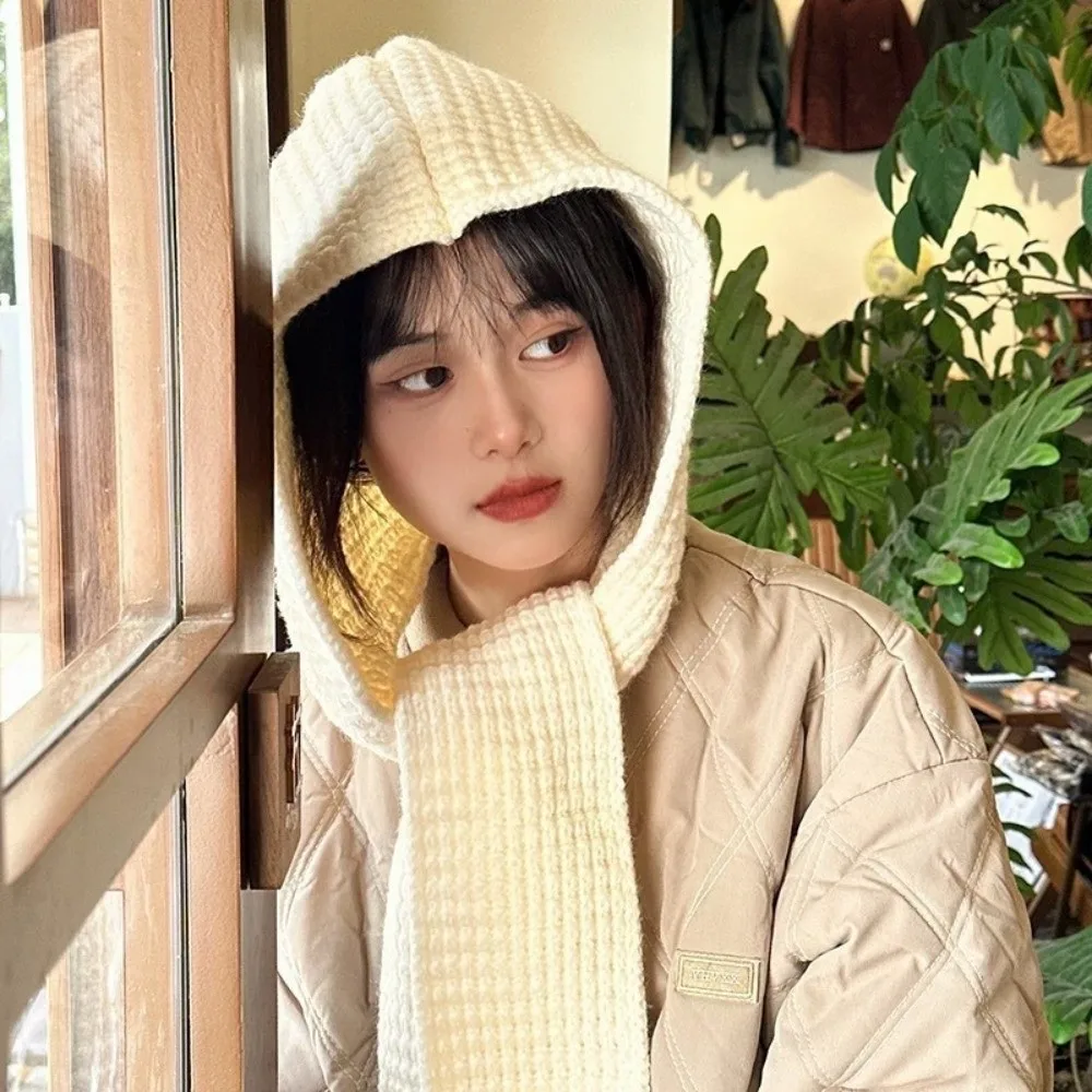 Acrylic Fibres Knitted Hooded Caps Soft Ear Protection Neck Collar Beanies Caps Thickened Korean Style Winter Neckerchief Hat