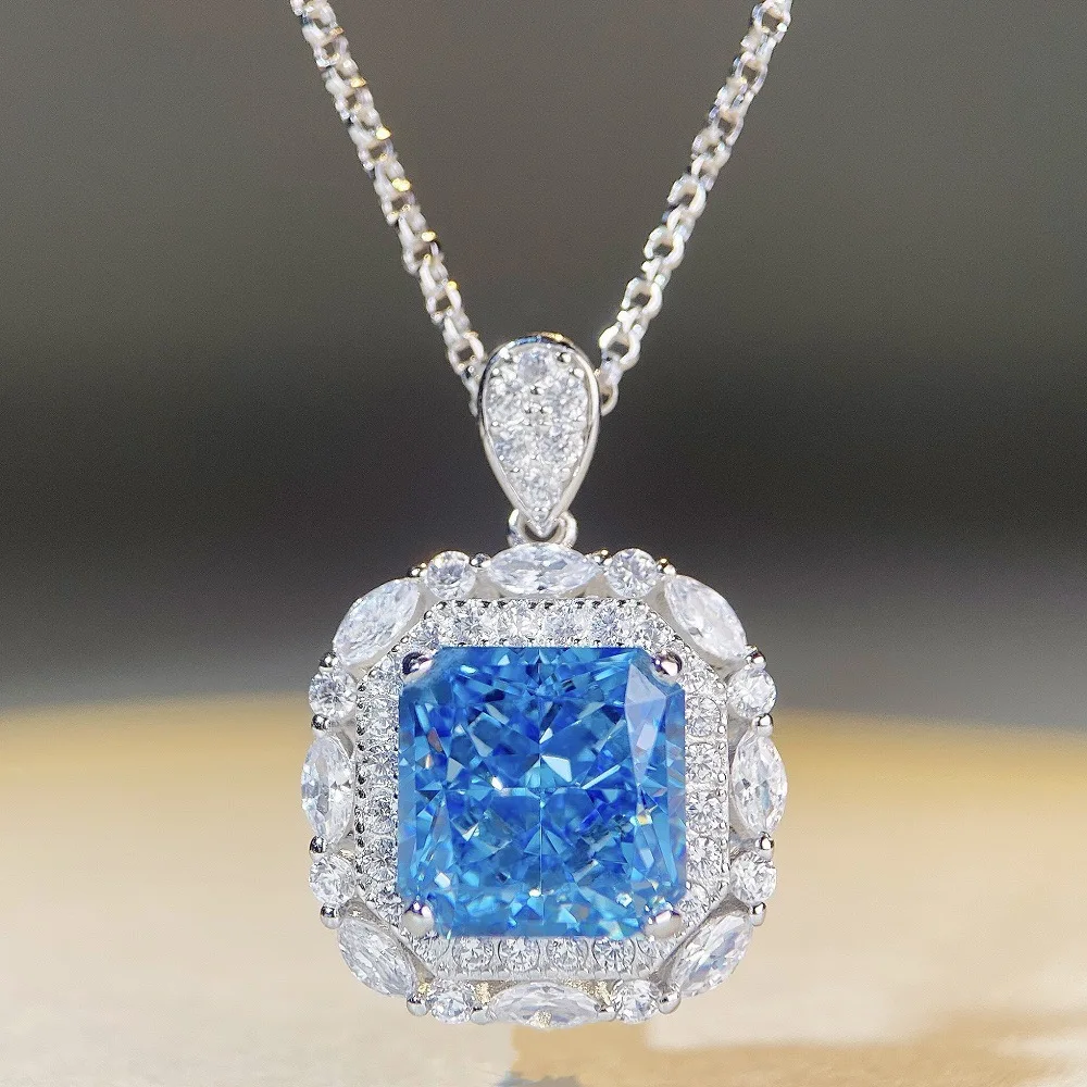 Aquamarine Luxury white gold solid platinum PT950 pendant full diamond square bag clavicle chain women's necklace
