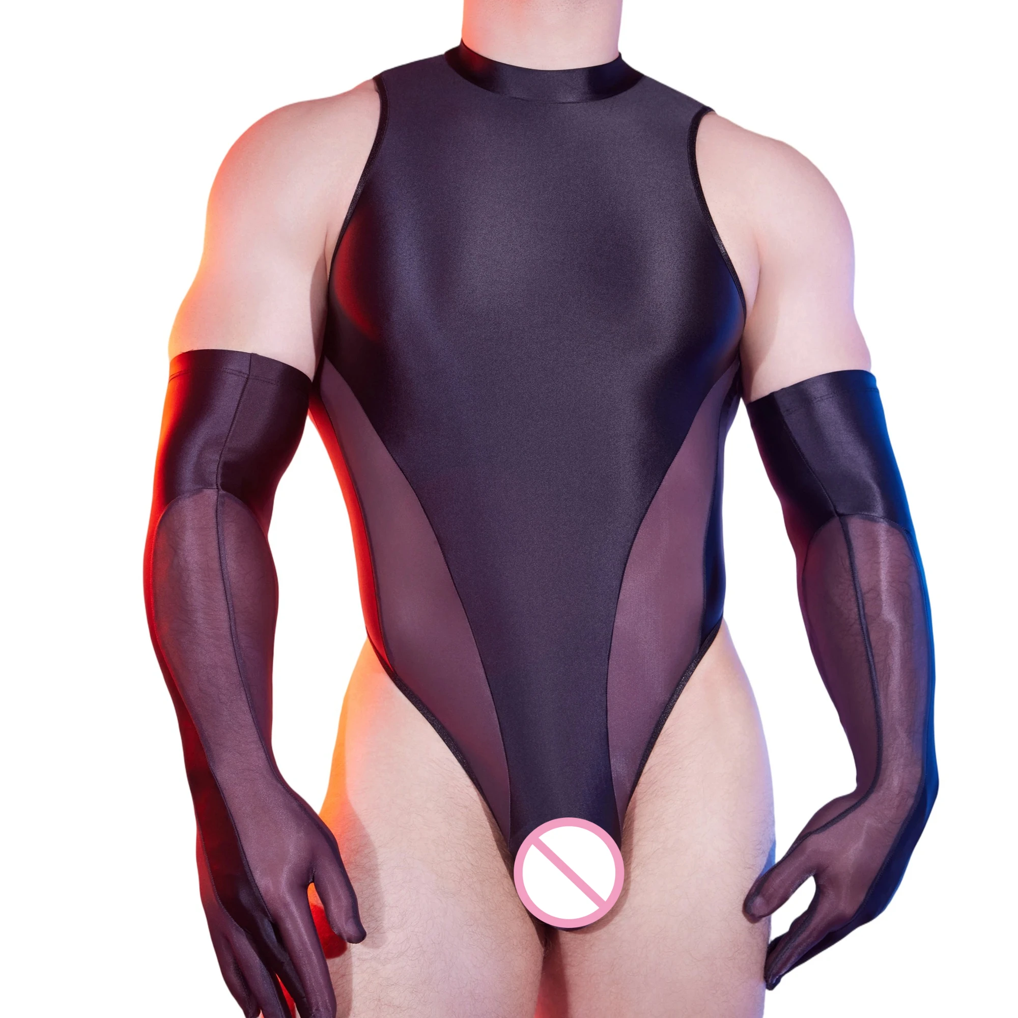 

Men's Sexy See-through Bodysuits with Long Gloves Glossy Sleeveless One-Pieces Undershirts Club Party Male Lingerie Jumpsuits
