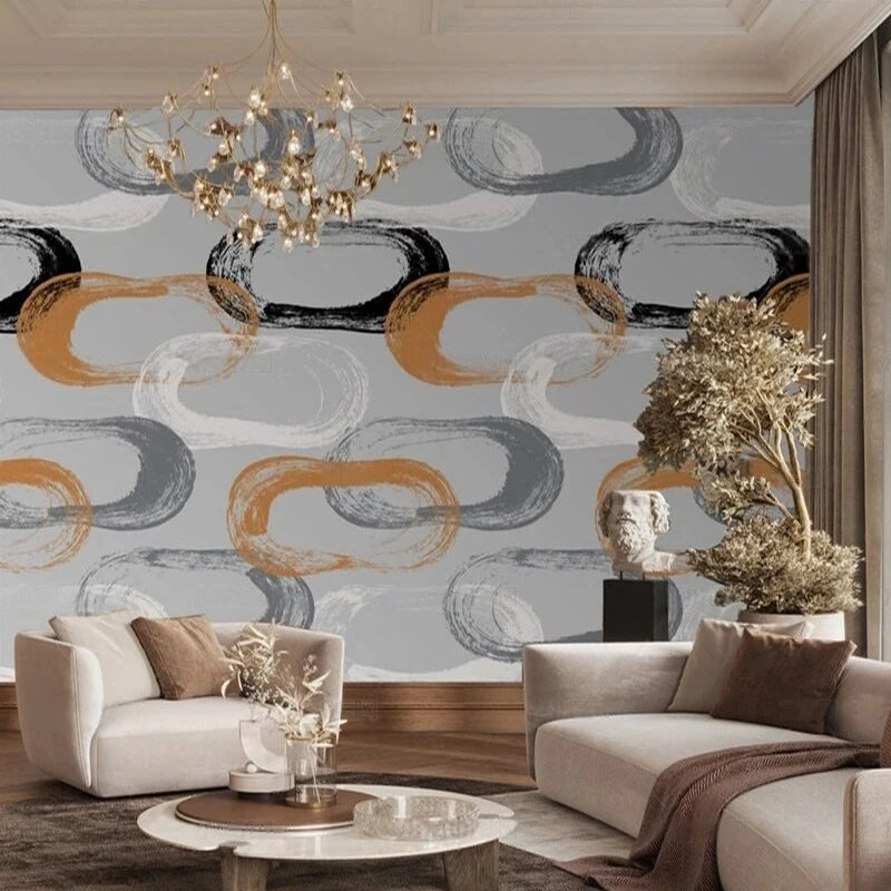 صورة ديكور غرفة المعيشة بنمط هندسي بيضاوي الشكل بسيطة وجديدة على الطراز الأمريكي خلفية غرفة نوم منزلية فاخرة للتلفزيون #1
