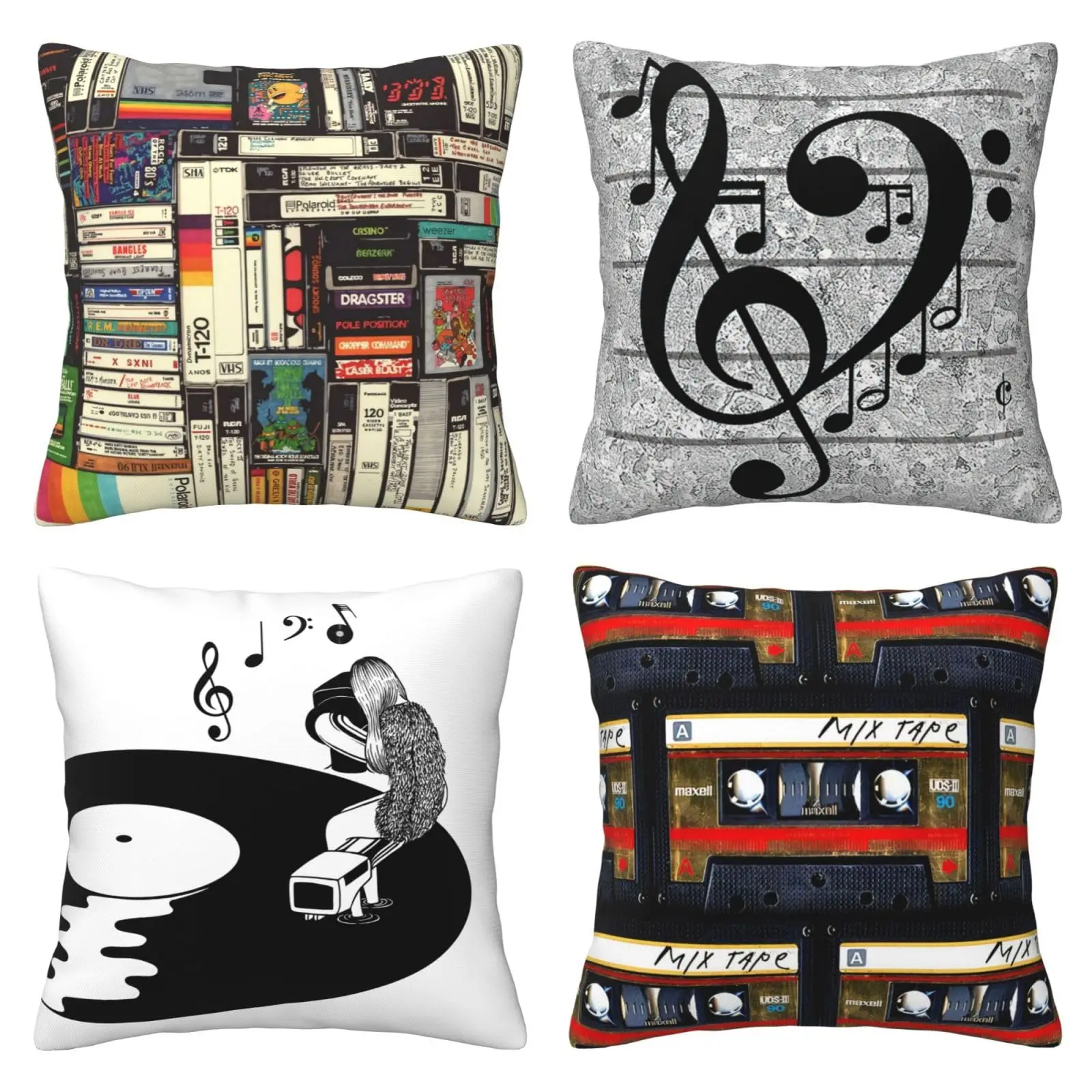 Home Decor Retro Music Cassette & Vinyl Pillows Pattern Cushion Cover Suitable For Sofa Bedroom Car Pillow Cover