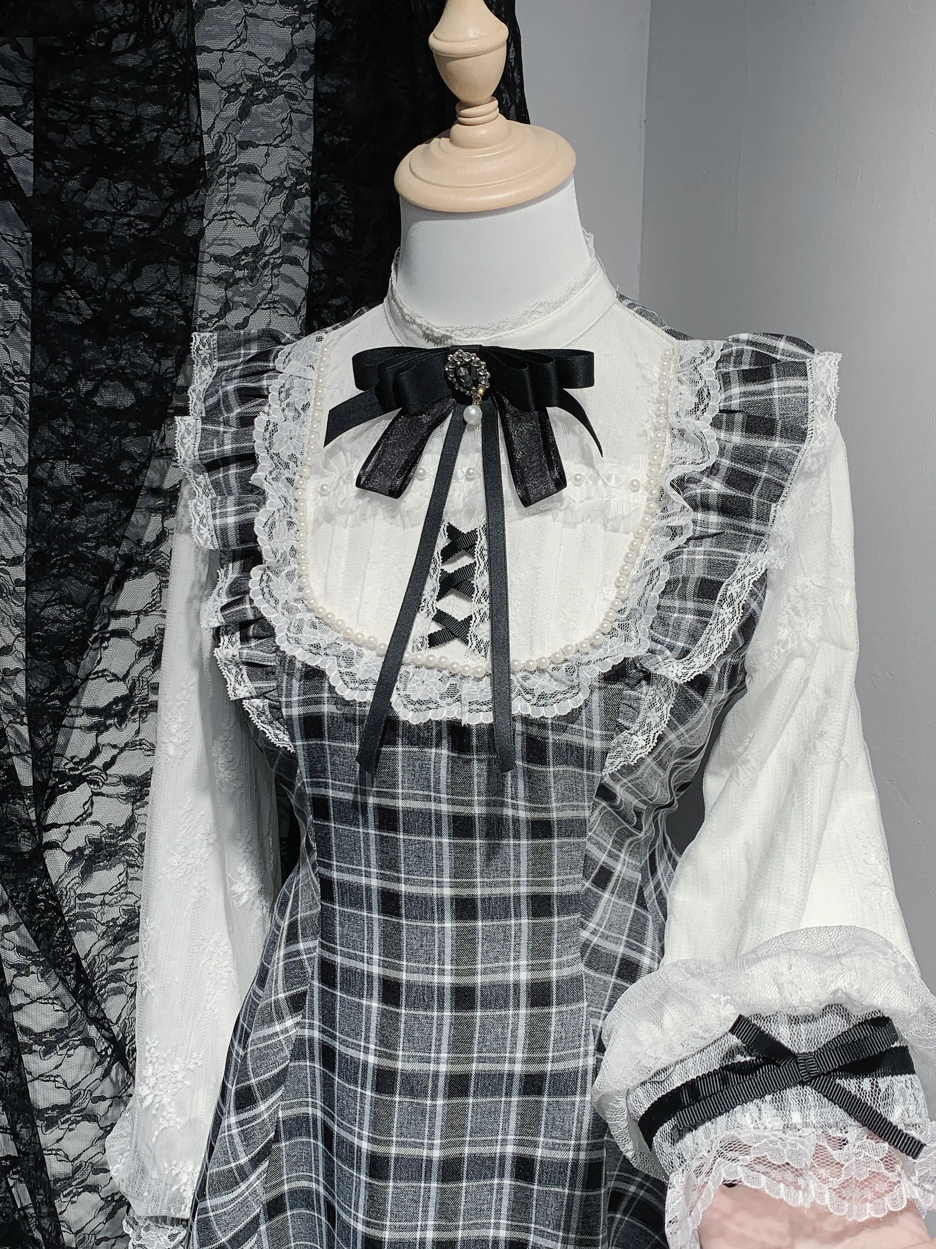 Minha de produção em massa vestido de manga longa conjunto feminino renda pérola arco xadrez topo e shorts conjuntos de duas peças lolita outfits primavera novo