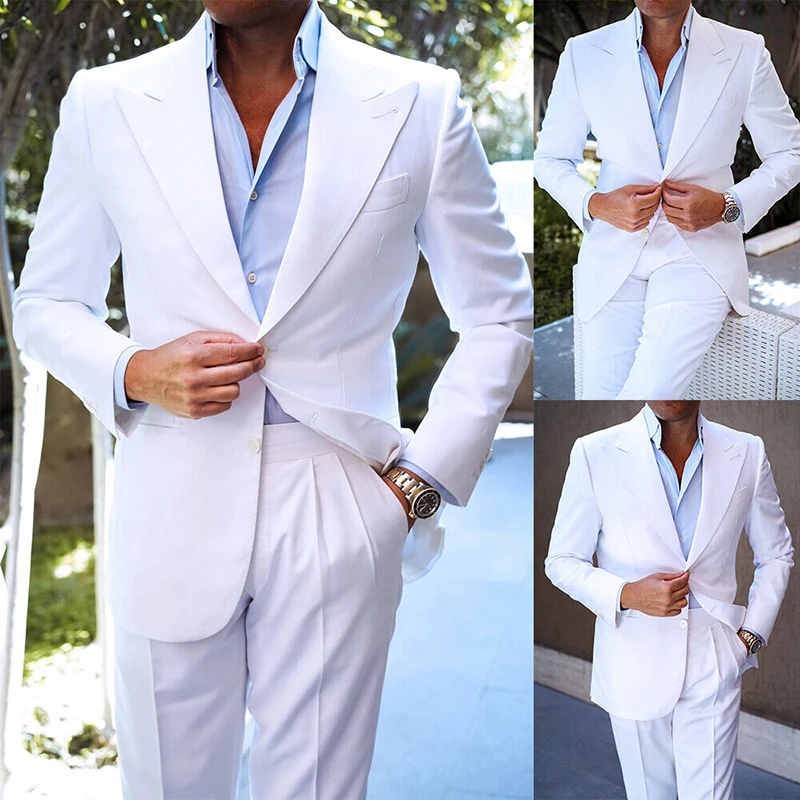 

New Design Business 2 Piece Men Suits 2024 Slim Fit Peak Lapel Groomsmen Tuxedo White Formal Wedding Male Suit (Blazer+Pants)