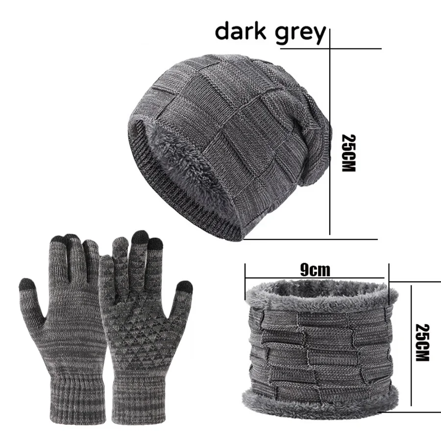 Herbst Winter Unisex warme und weiche Winter-Fleece-gefütterte Strickmütze, Schals und Touchscreen-Handschuhe 3-teiliges Set