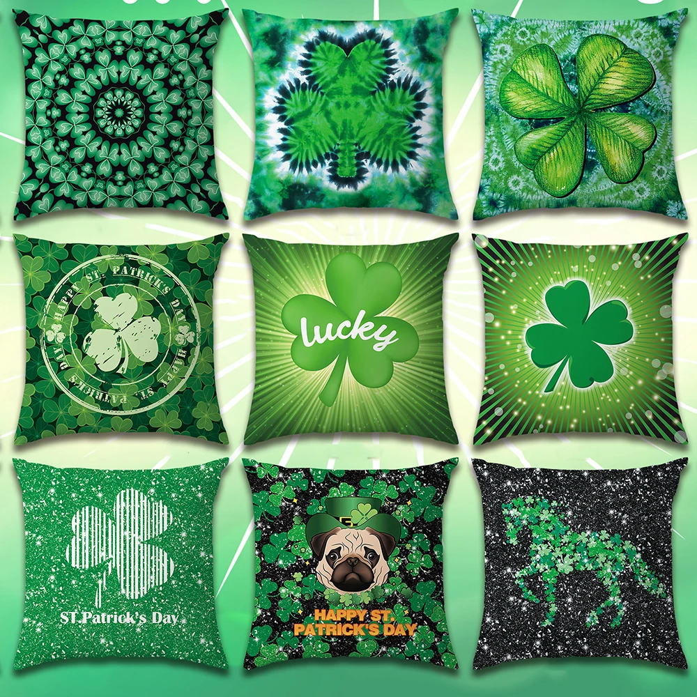 Green Clover Double-Sided Print Throw Pillowcase St. Patrick's Day Peachskin Cushion Cover 45X45 Square Decorative Pillow Covers