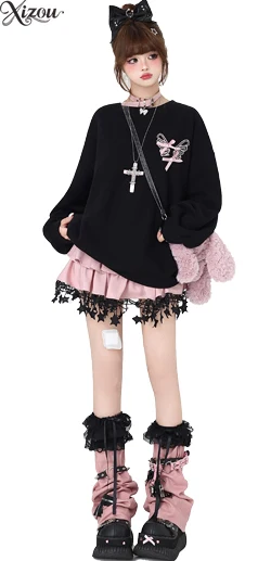 2025 y2k doce legal laço pesado artesanato moletom feminino solto manga longa em torno do pescoço outono primavera casual pulôver topos com capuz