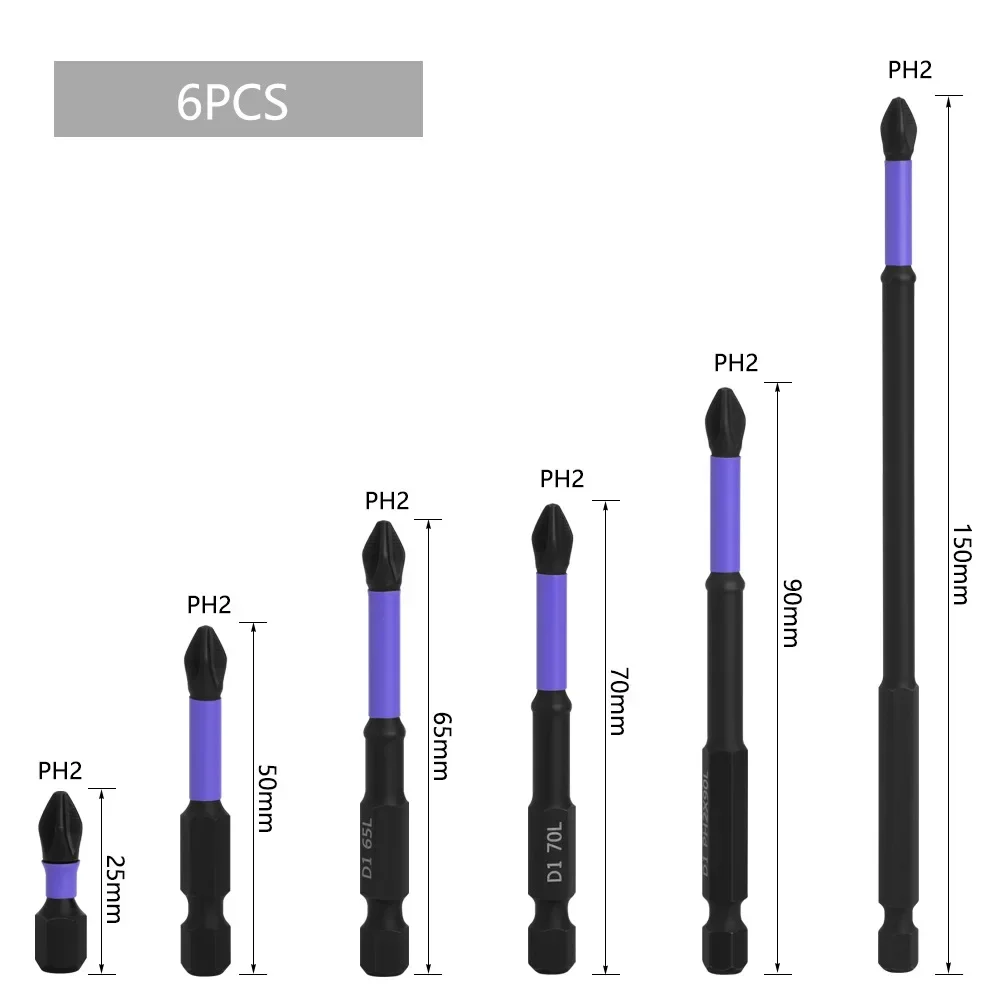 25-150mm Non-Slip Impact Batch Head Strong Magnetic Cross High Torque Hardness Screw Waterproof Ph2 Screwdriver Bits Set  Tools