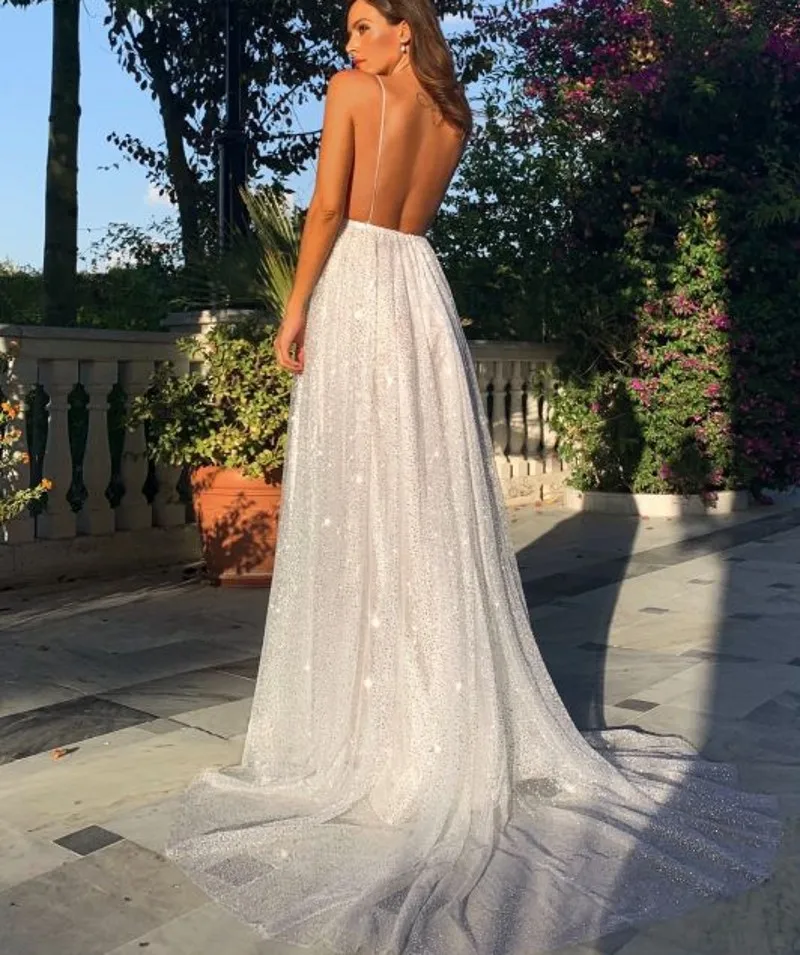 Sexy dekolt w paski Spaghetti sukienka na studniówkę szampańskie złoto Backless cekiny długie formalne suknie wieczorowe Vestidos De Fieast