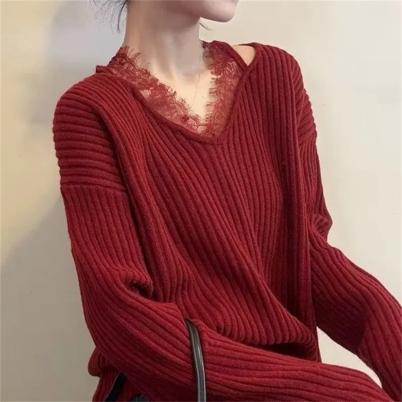 

Women Clothes Long Sleeve Vintage Pullover Fashion Office Lady Knit Loose Halter Tops 2026 Autumn Winter French Elegant Sweater