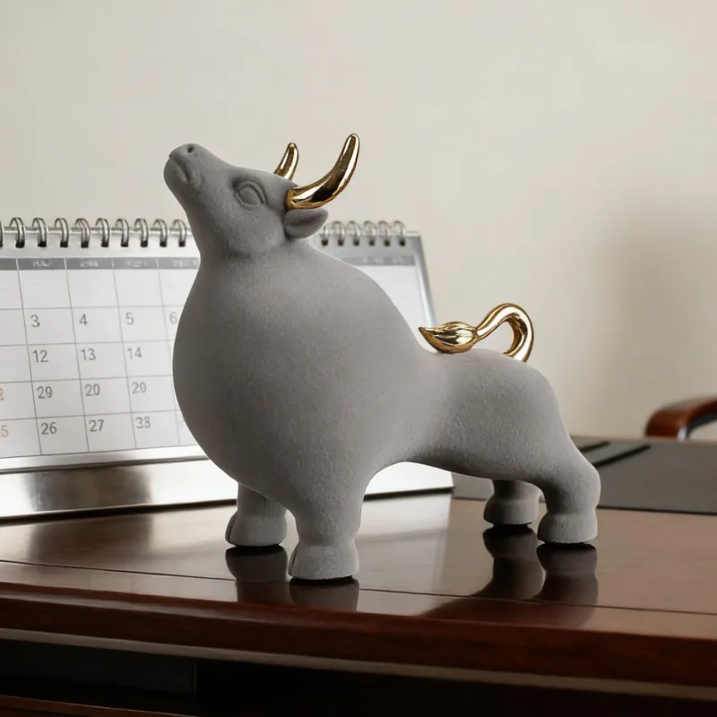Creative Flocking Bull Statue Desk Decoration Handicrafts Ornaments Animal Resins Bull Sculpture Modern Room Aesthetic Decor